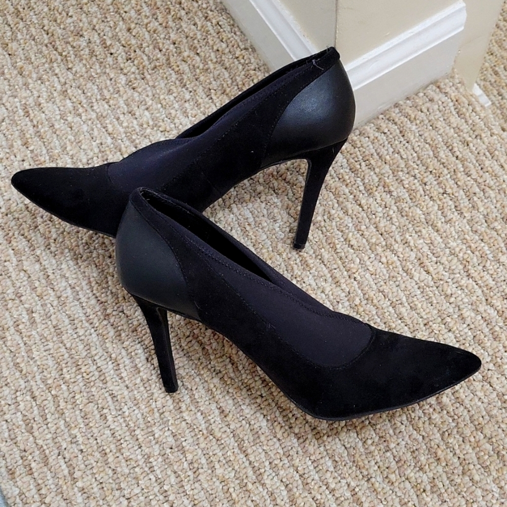 Black suede and fabric bootie, 4" heel